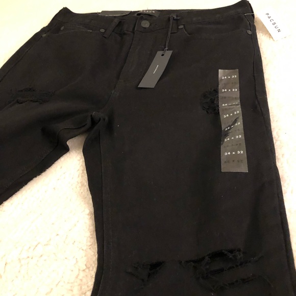 PACSUN Ripped Zip Black Stacked Skinny Jeans - Picture 5 of 8